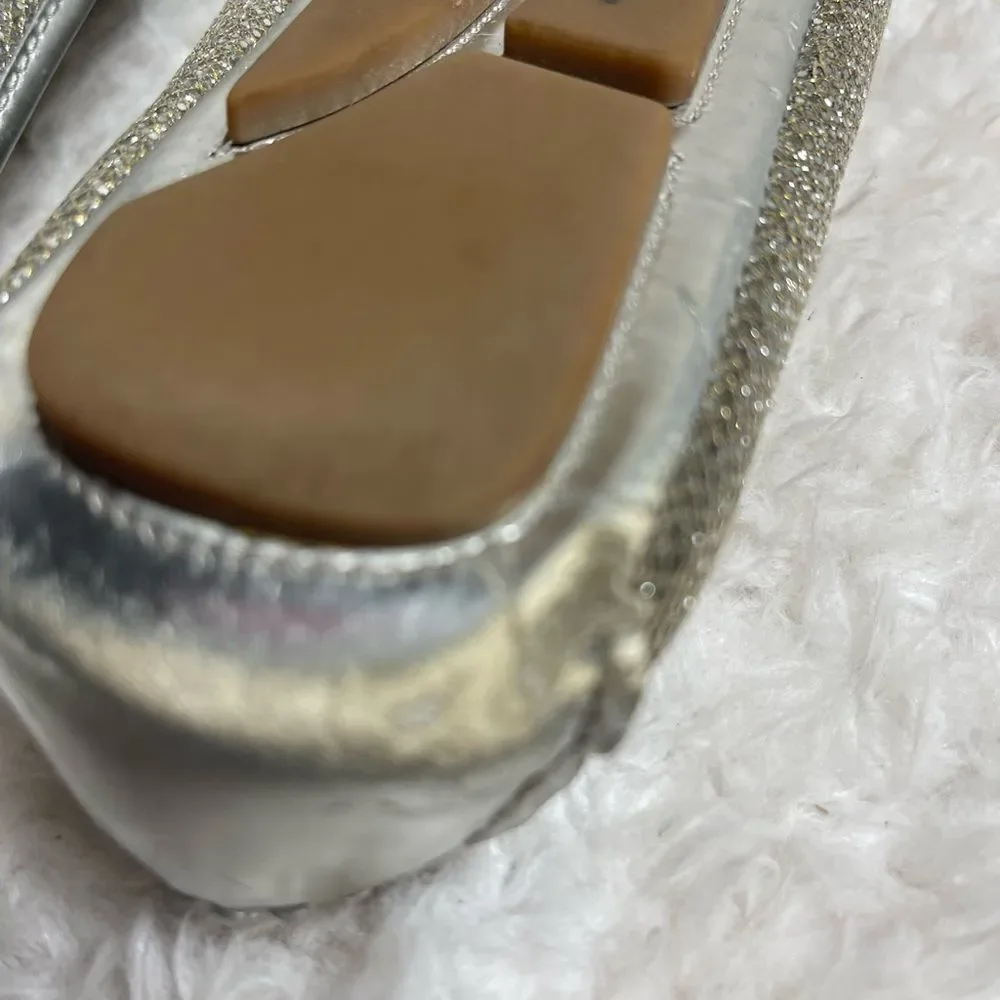MICHAEL KORS SLIP ON MK LOGO SILVER GLITTER FLAT SHOES SIZE 10NARROW